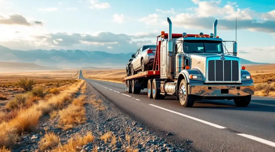 A professional white flatbed tow truck transporting a silver SUV on a clear Iowa highway near Des Moines at sunset.