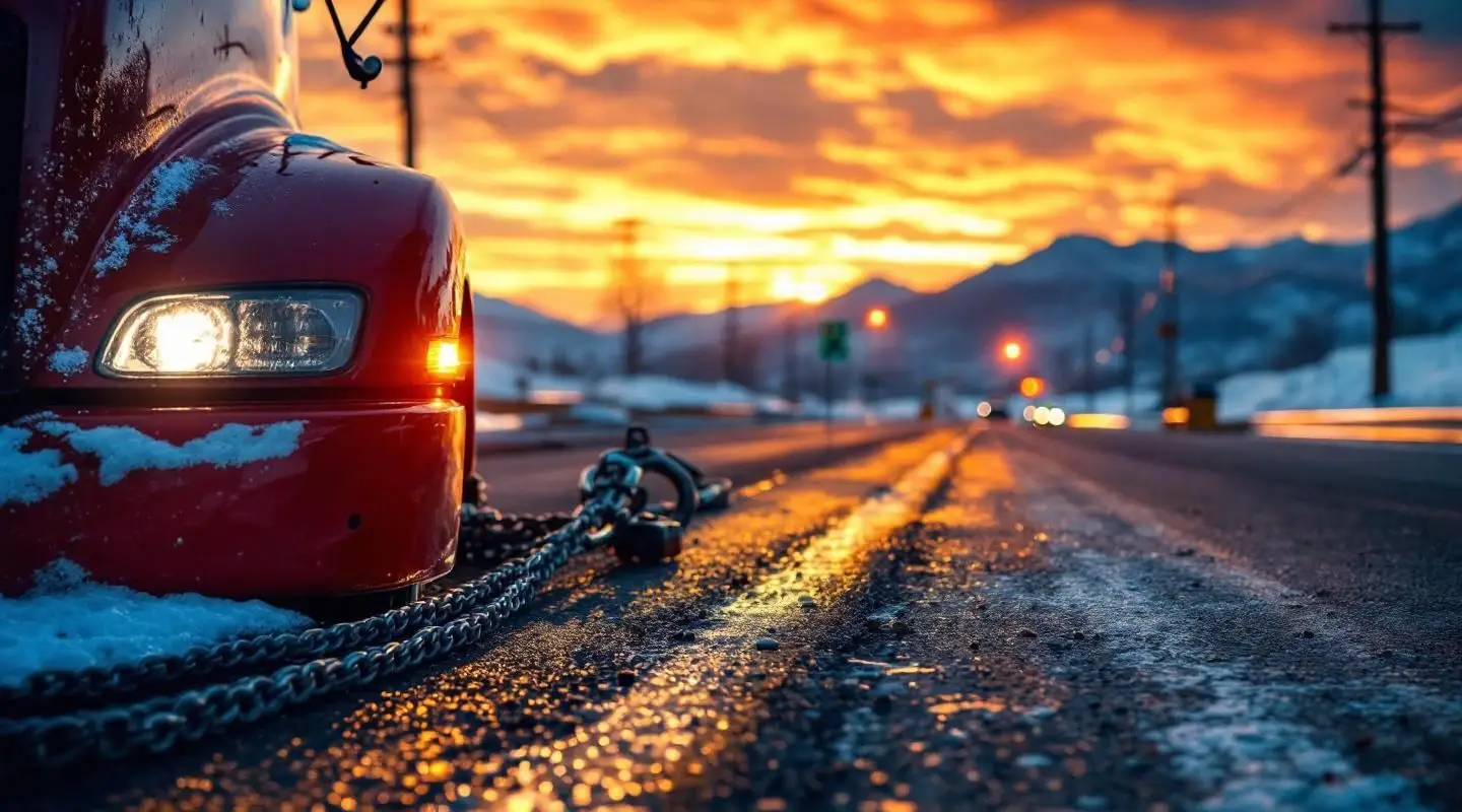 A Precision Towing flatbed truck with amber safety lights active, loading a disabled sedan on a Des Moines street near East Kirkwood Avenue at dusk.