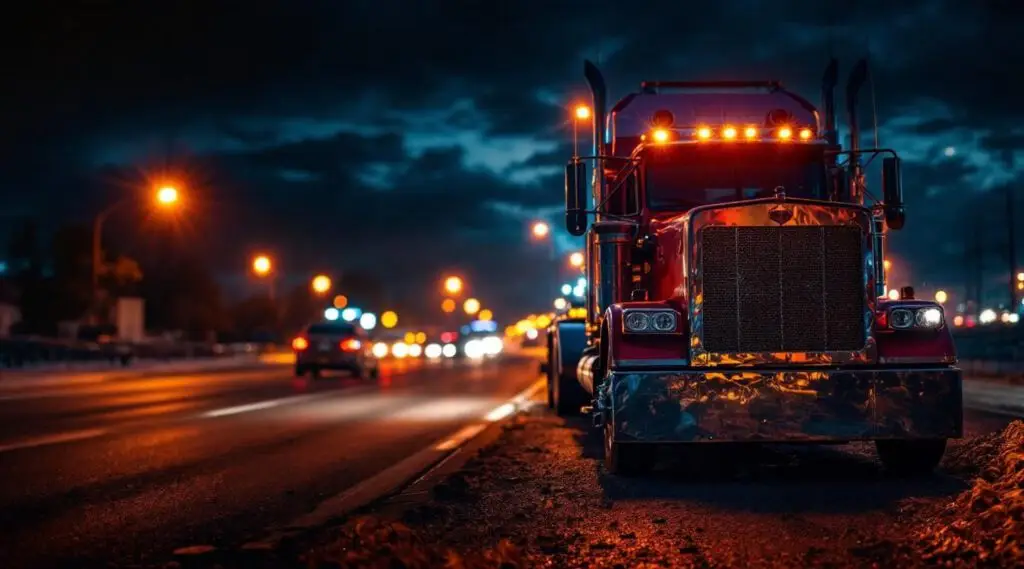 Professional flatbed tow truck with amber safety lights assisting a stranded driver on a Des Moines highway at night.