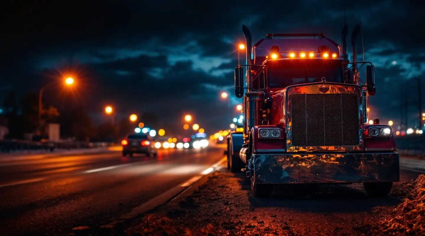 Professional flatbed tow truck with amber safety lights assisting a stranded driver on a Des Moines highway at night.