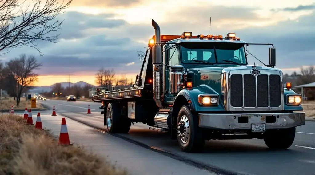 A professional flatbed tow truck operator securing a vehicle on the tilted deck in Des Moines during a roadside recovery.
