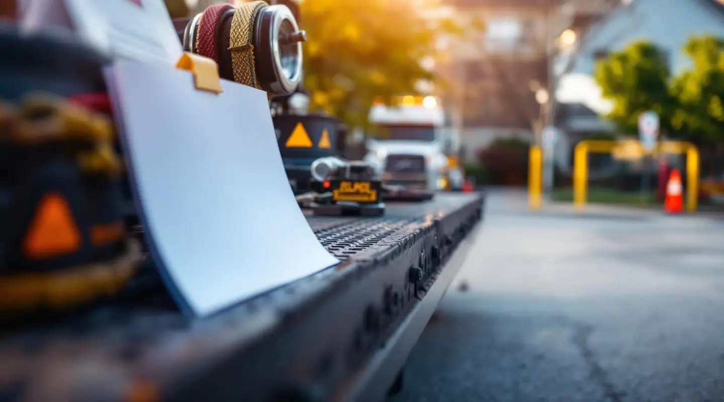 A Precision Towing flatbed truck professionally removing an illegally parked sedan from a marked Des Moines private lot.