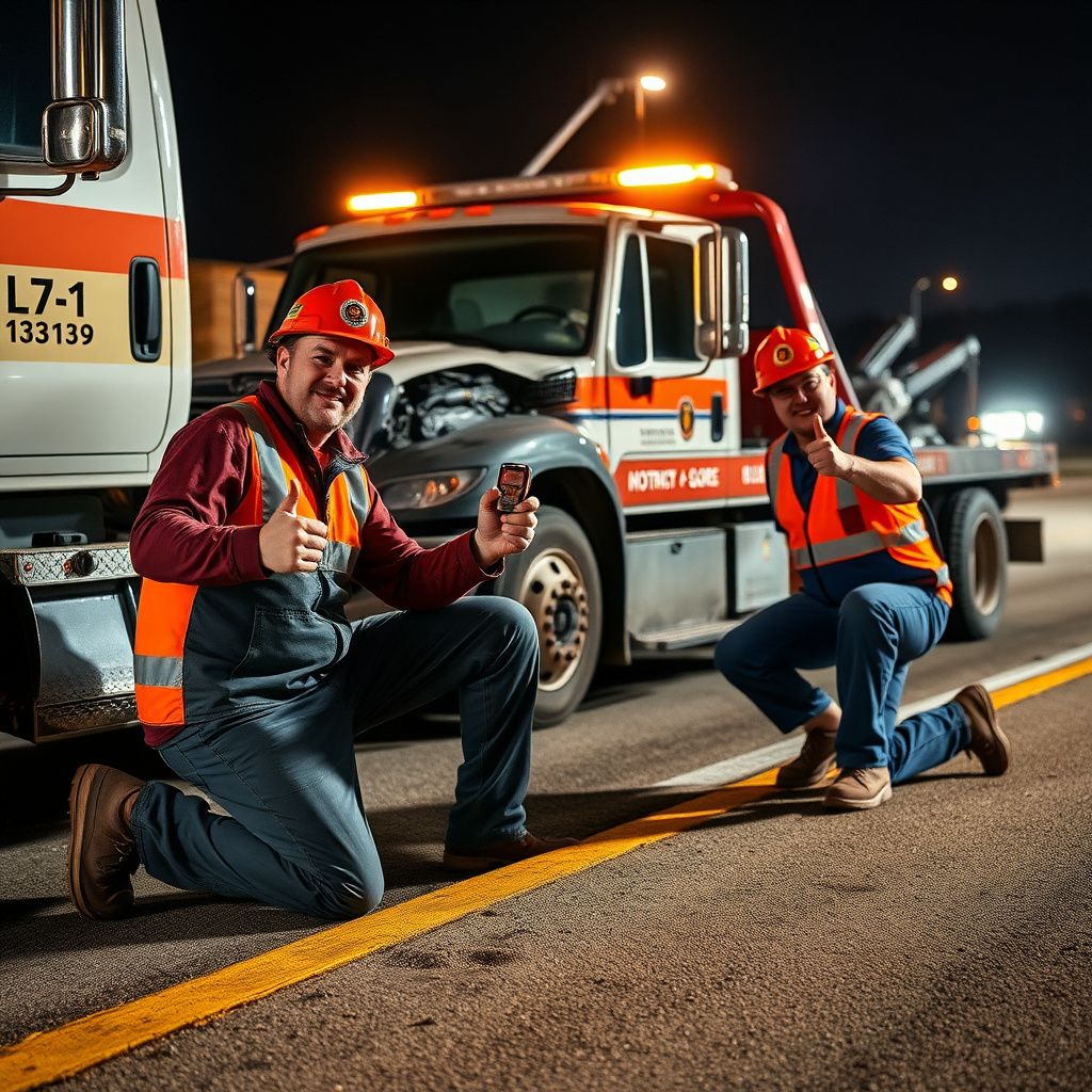 A close-up of a tow truck operator securely fastening a vehicle to a flatbed, ensuring a safe transport.