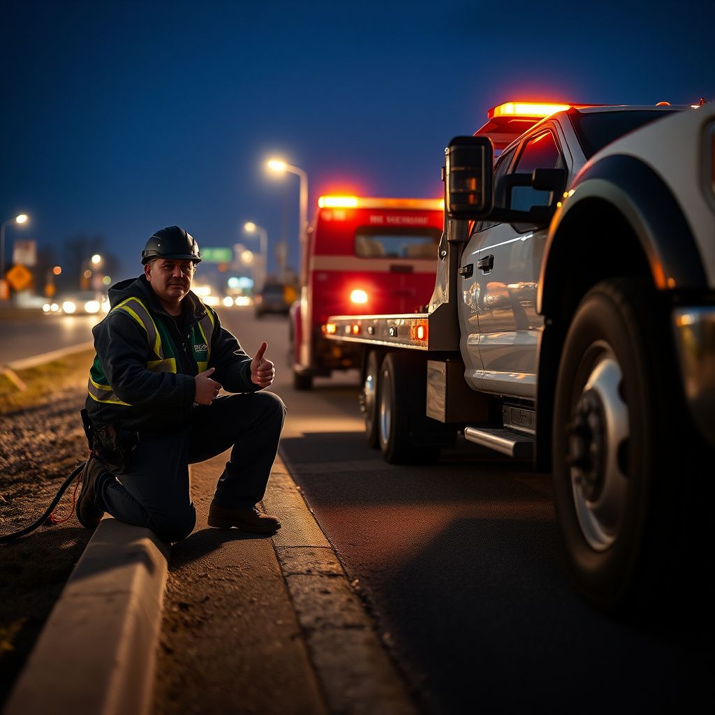 A close-up of a professional tow operator in safety gear preparing a winch cable for a recovery operation.