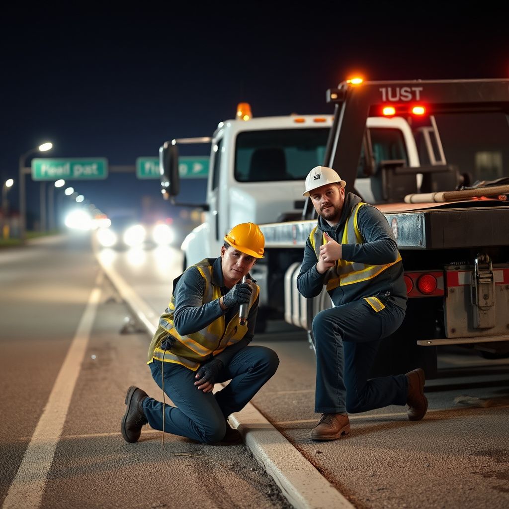 A Precision Towing technician providing a battery jump start to a local resident's car on a cold winter morning in Eldon.
